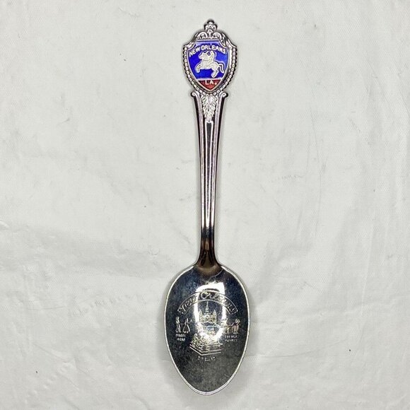 New Orleans Souvenir Spoon 4 3/8” Silver Enamel Shield Mardi Gras Marked U.S.A. - Picture 1 of 5